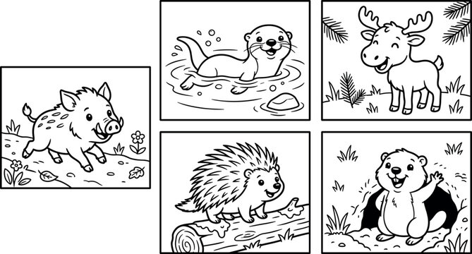 Cute forest woodland animal coloring page blocks with cartoon wild boar otter moose porcupine gopher for kids education vector