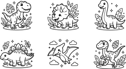 Cute kawaii baby dinosaurs coloring page vector set with smiling happy trex triceratops brachiosaurus stegosaurus pterodactyl and raptor © AFSANA AKTER