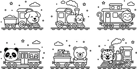 Cute kawaii animal trains coloring page vector set with smiling happy dog cat monkey panda bear and tiger conductors © AFSANA AKTER