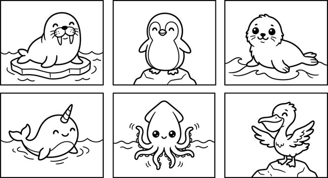 Cute kawaii arctic ocean animals coloring page vector set with walrus penguin seal narwhal squid and pelican characters
