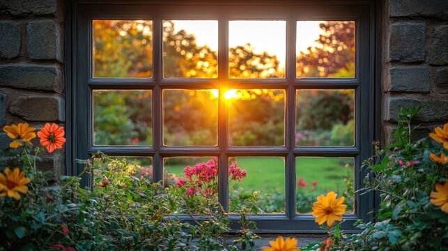 Golden sunset viewed through a rustic window with blooming flowers and garden landscape outside