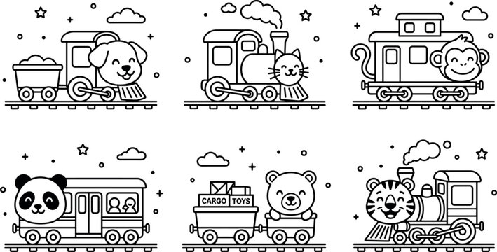 Cute kawaii animal trains coloring page vector set with smiling happy dog cat monkey panda bear and tiger conductors