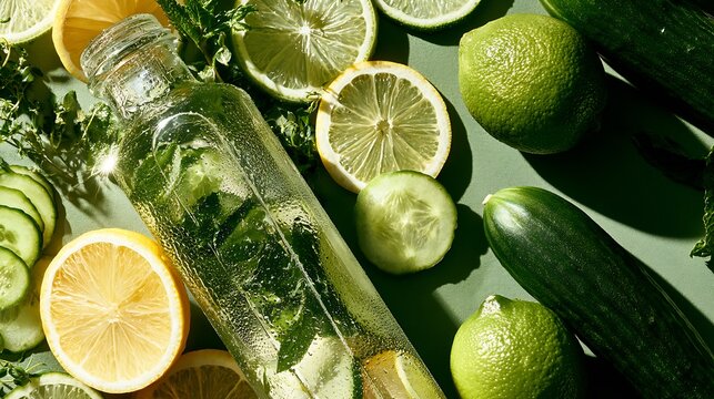 Refreshing Drink Close up flat‑lay of chilled glass bottle with lemon, lime and cucumber slices and herb sprigs on green background