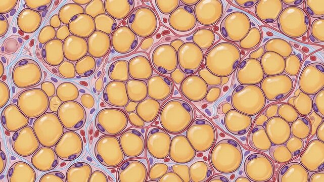 Scientific illustration of human fat body or adipose tissue under microscopic view, detailed fat cells, cellular structure, biomedical research, histology, 4K video