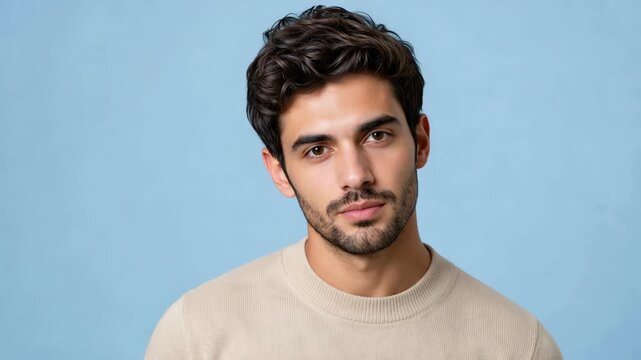Young man with dark curly hair and beard, looking inquisitive against blue background