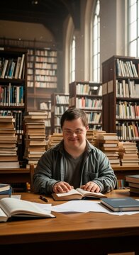 Man with Down syndrome reading a book in a library. Student studying surrounded by stacks of books. Academic research, education and inclusion concept for World Down Syndrome Day.