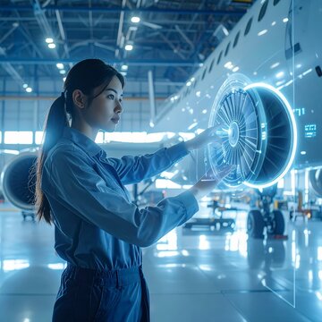 Female Aerospace Engineer Inspecting Jet Engine Hologram in Aircraft Hangar