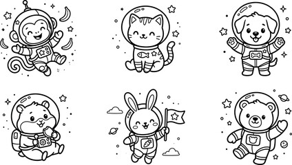 Fototapeta premium Cute kawaii space astronaut animals coloring page vector set with smiling happy monkey cat dog hamster bunny bear characters