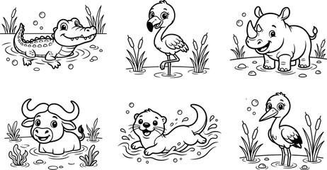 Cute kawaii swamp wetland animals coloring page vector set with smiling happy crocodile flamingo rhino buffalo otter stork characters © AFSANA AKTER