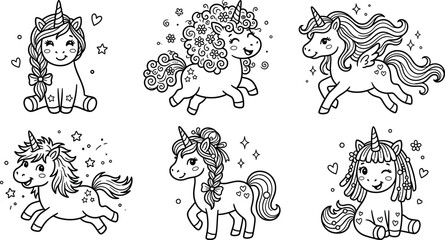 Obraz premium Cute kawaii magical unicorns coloring page vector set with smiling happy pegasus pony stars and flower characters