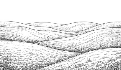 Rolling Green Hills and Countryside Meadow Vector Landscape with Farm Pastures Grassland Panorama in Hand Drawn Sketch Style © Md
