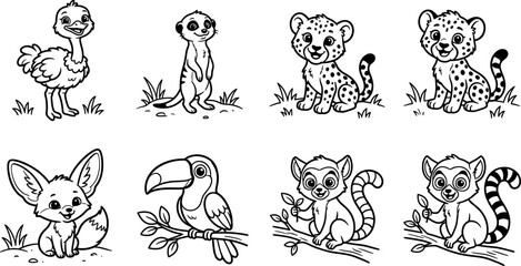 Cute kawaii safari jungle animals coloring page vector set with smiling happy ostrich meerkat leopard fennec fox toucan lemur © AFSANA AKTER