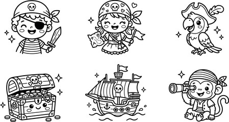 Cute kawaii pirate adventure coloring page vector set with smiling happy boy girl parrot treasure chest ship monkey characters © AFSANA AKTER