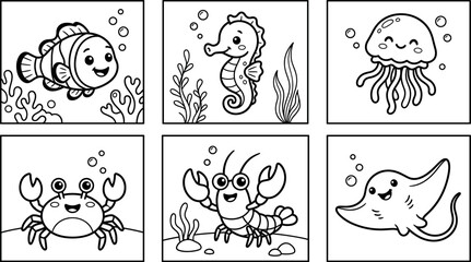 Cute kawaii sea animals coloring page vector set with smiling happy clownfish seahorse jellyfish crab lobster and stingray characters © AFSANA AKTER