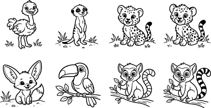 Cute kawaii safari jungle animals coloring page vector set with smiling happy ostrich meerkat leopard fennec fox toucan lemur