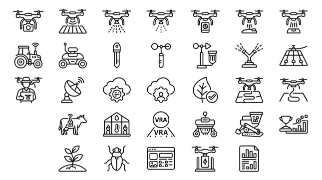 Smart farming technology icons set for modern agriculture and drone applications.