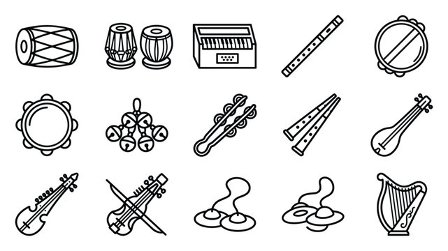 14th August Pakistan Independence Day traditional musical instruments vector set, Pakistani tabla dhol harmonium sitar rubab flute line art icons for patriotic cultural heritage design