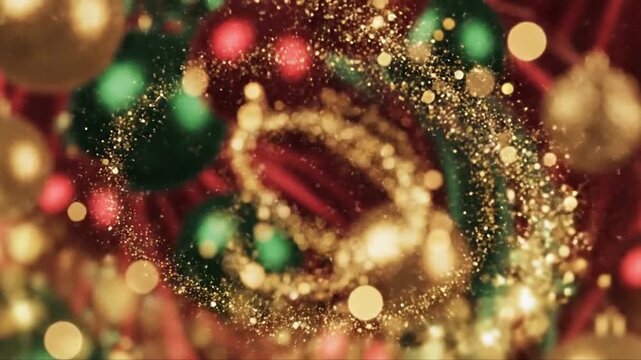 Festive christmas ornaments and gold glitter bokeh background decorations