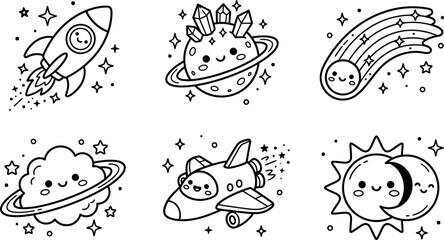 Cute outer space astronomy coloring page set with cartoon rocket planet comet shuttle sun moon for kids education vector © AFSANA AKTER