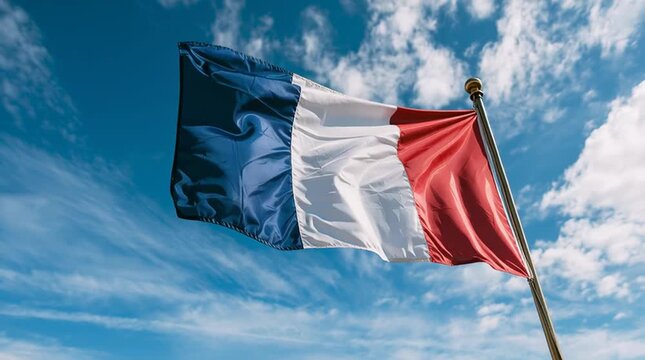 French Flag Fluttering in Blue Sky: The vibrant Tricolore of the French flag waves proudly against a backdrop of a clear blue sky dotted with soft white clouds, symbolizing national pride and freedom.