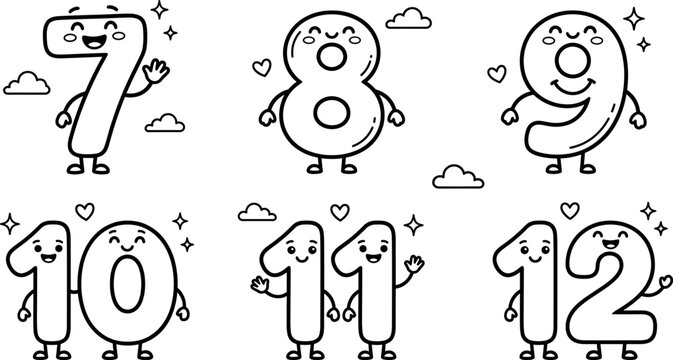 Cute preschool math numbers coloring page set with cartoon characters seven eight nine ten eleven twelve for kids vector