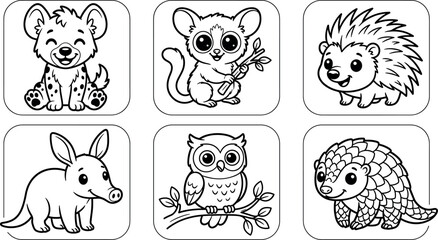 Fototapeta premium Cute kawaii wild nocturnal animals coloring page vector set with smiling happy hyena bushbaby hedgehog aardvark owl pangolin characters
