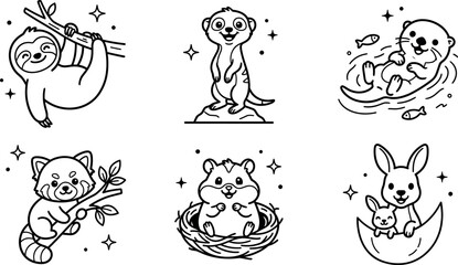 Cute kawaii wild animals coloring page vector set with smiling happy sloth meerkat otter red panda hamster kangaroo characters © AFSANA AKTER