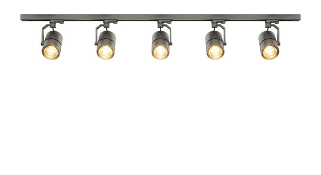 Modern matte black track lighting fixture with five glowing led spotlights isolated on a clean white background in a studio shot.