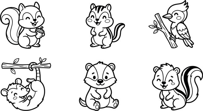 Cute kawaii woodland forest animals coloring page vector set with smiling happy squirrel chipmunk bird opossum skunk and badger