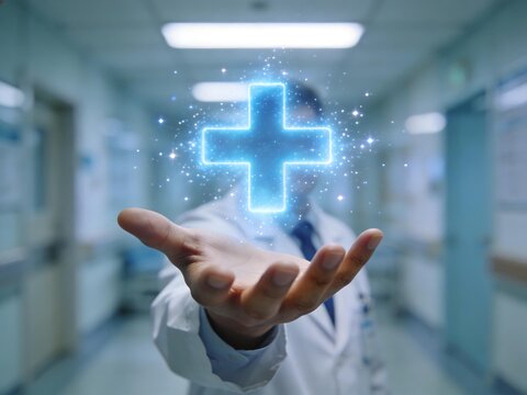Medical professional holding a glowing blue cross symbol in a hospital corridor