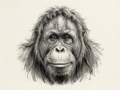 Detailed ink sketch of an orangutan head on textured paper.