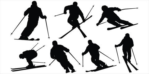 Fototapeta premium Silhouettes of seven skiers in various dynamic poses on a white background skiing snow