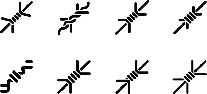 Set of eight simple black line art icons representing barbed wire twists and connections isolated on transparent background
