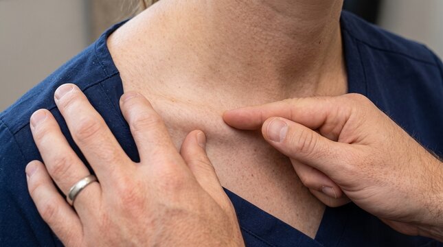 Doctor examining collarbone clavicle injury with hands on patient chest