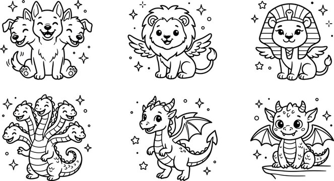 Cute mythical creature coloring page set with cartoon cerberus manticore sphinx hydra dragon gargoyle for preschool kids vector
