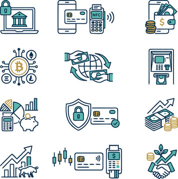 Digital banking and online transaction icon set, financial security, POS terminal, cryptocurrency network, stock market bull, and money transfer vector illustration isolated on white background