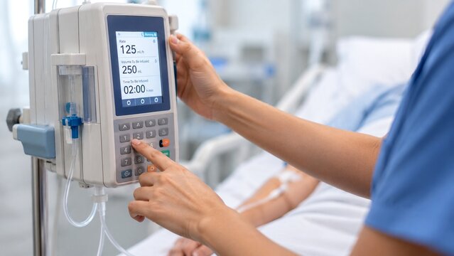 Close-up of nurse adjusting IV infusion pump connected to patient&rsquo;s peripheral intravenous line,