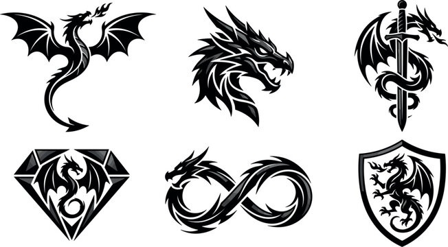 Mythical Dragon Silhouette Vector Emblem Set Featuring Fire Breathing Wyvern Dragon Head Mascot Crossed Sword Diamond Infinity Loop and Heraldic Shield Symbols for Gaming Branding
