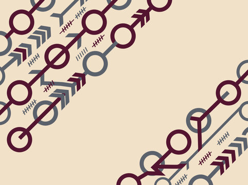Abstract geometric pattern featuring dark red circles and grey arrows