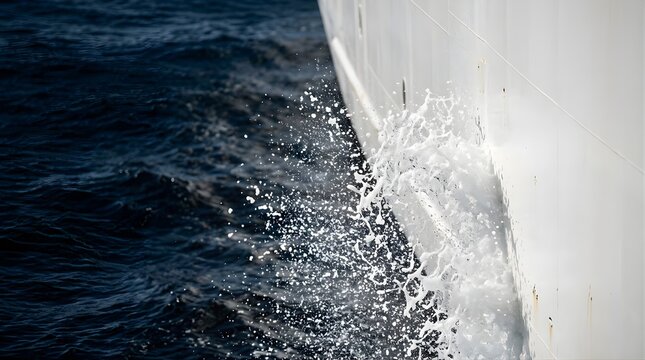White ship hull cutting through dark blue ocean water creating foam spray