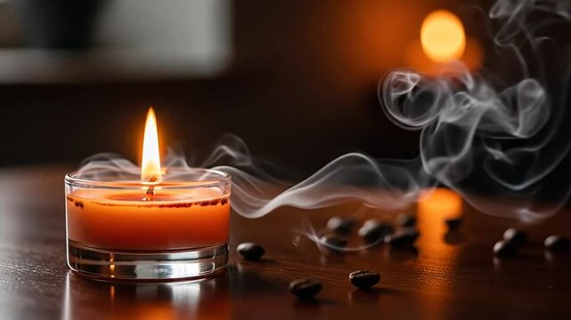 A glowing candle with rising smoke and scattered dark beans on a wooden surface