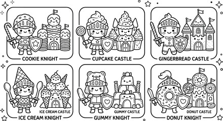 Cute sweet dessert candy kingdom coloring page blocks with cartoon knight cupcake ice cream gingerbread donut gummy castle vector