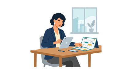 Fototapeta premium A professional woman sits at her desk, using a tablet and checking a calendar to plan her schedule in a modern office setting.