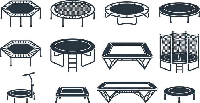 Trampoline and Fitness Rebounder Silhouette Icon Set Featuring Round Hexagonal Square Shapes Safety Net Enclosures Ladders and Handlebars for Sports Equipment E-Commerce Layouts