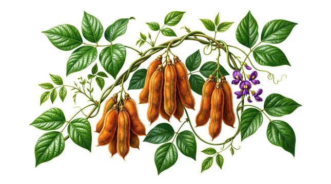 Mucuna pruriens vine with leaves, purple flowers, and hairy pods isolated on transparent background