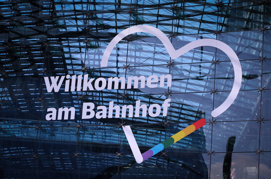 Berlin, Germany - July 25, 2026: Facade of Berlin Hauptbahnhof railway station building decorated in rainbow colors for the 48th Christopher Street Day (CSD) Pride Parade