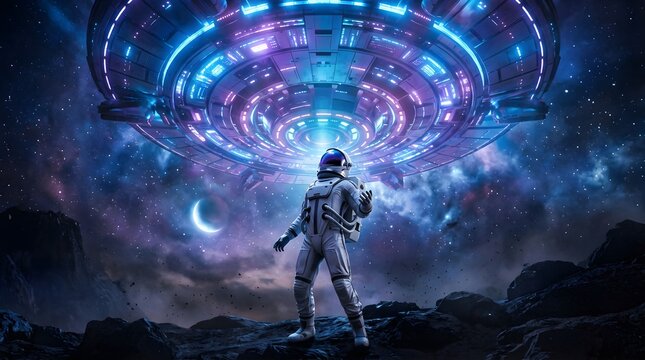 Astronaut standing on an alien planet under a glowing futuristic spaceship
