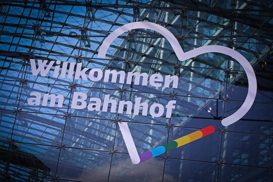 Berlin, Germany - July 25, 2026: Facade of Berlin Hauptbahnhof railway station building decorated in rainbow colors for the 48th Christopher Street Day (CSD) Pride Parade