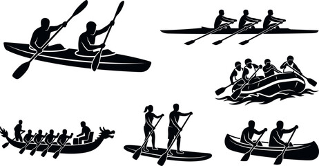 Watercraft and Rowing Sports Silhouette Icon Set Featuring Tandem Kayak Team Rowing Boat Whitewater Rafting Dragon Boat Racing Stand Up Paddleboard and Canoe Symbols for Outdoor Adventure Layouts © Nittika