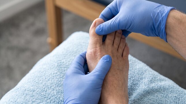 Podiatrist examining patient foot in medical clinic